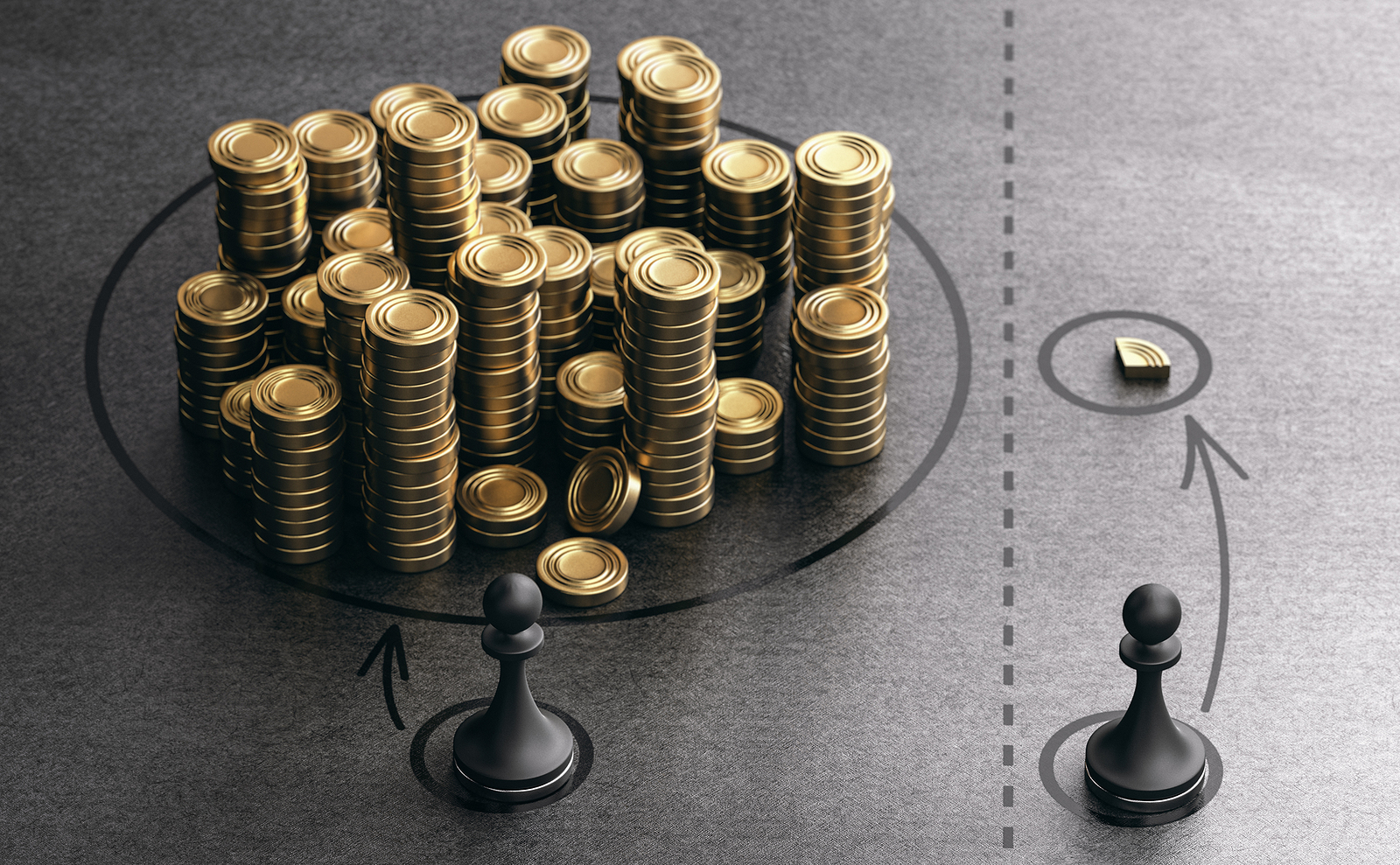 Two chess pawns stand on opposite sides of a line; one, inspired by Lynnette Khalfani-Cox’s lessons on wealth, is near a large pile of coins, while the other stands by a single coin—highlighting financial inequality.