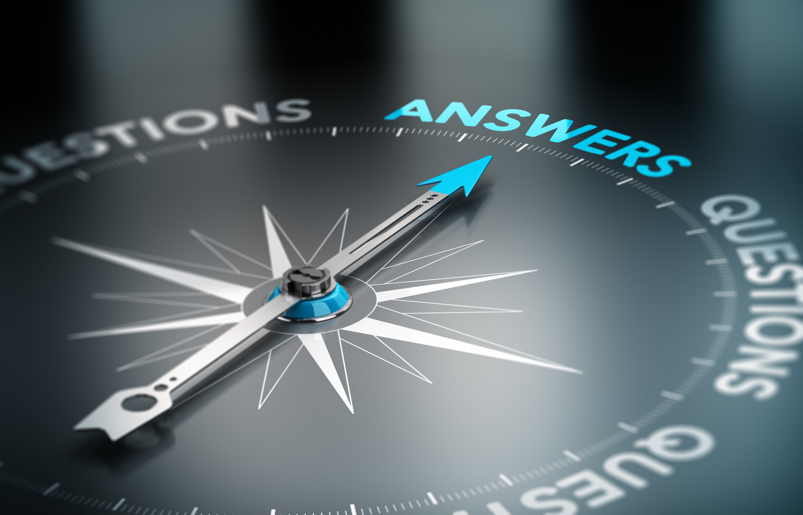 A compass points from the word "Questions" to "Answers," symbolizing consulting and expert guidance in navigating from queries to effective solutions.