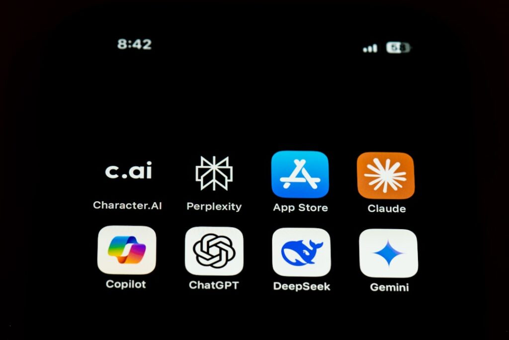 A smartphone screen displays eight app icons—Character.AI, Perplexity, App Store, Claude, Copilot, ChatGPT, DeepSeek, and Gemini—highlighting how modern apps drive fintech innovation against a sleek black background.