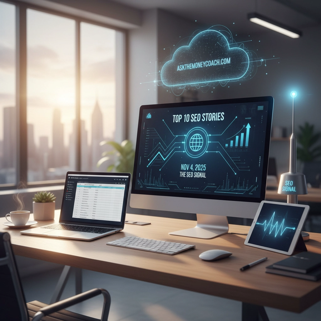 A modern office desk with a desktop, laptop, tablet, and smartphone displaying SEO analytics, with a city skyline in the background and a cloud graphic showing "ASKTHEMONEYCOACH.COM".